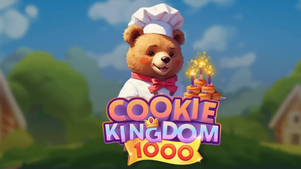 Tampilan visual ceria dari slot Cookie Kingdom 1000 dengan tema permen dan beruang koki
