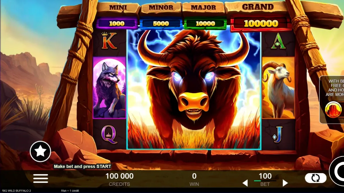 Tampilan visual slot Big Wild Buffalo 2 dengan latar belakang pemandangan alam liar Amerika yang megah.