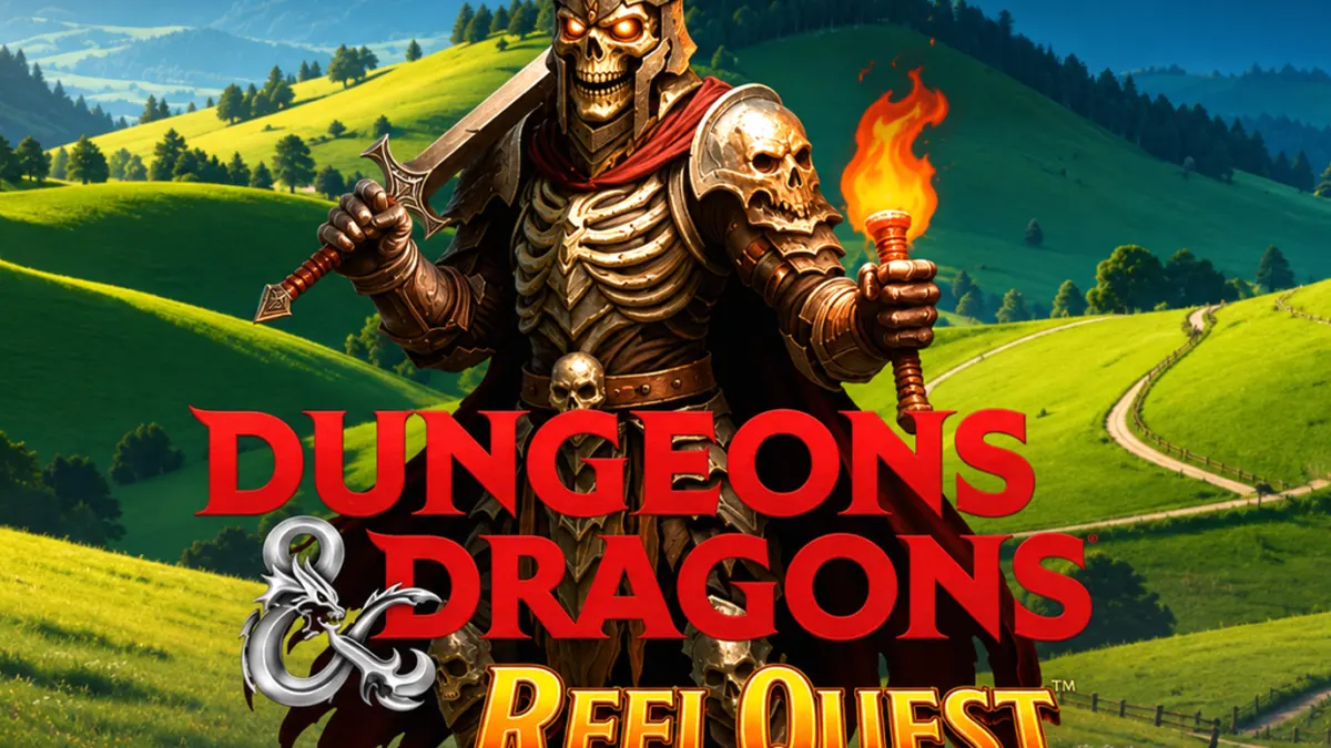 Tampilan antarmuka permainan slot Dungeons & Dragon Reel Quest dengan tema fantasi
